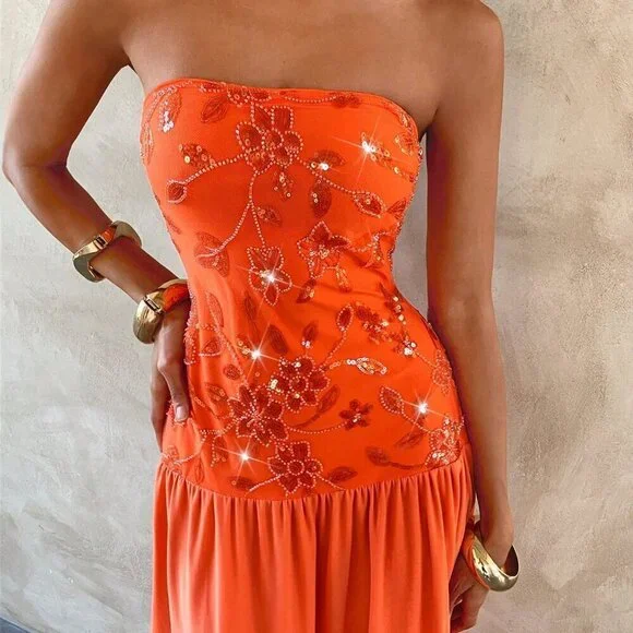 Janelle Orange Elegant Women's Sexy Sequins Embroidery Stitching maxi dress  - ampdigital.org